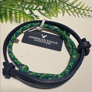 Braided Green & Blue Cord with Black Leather Wrap Bracelet